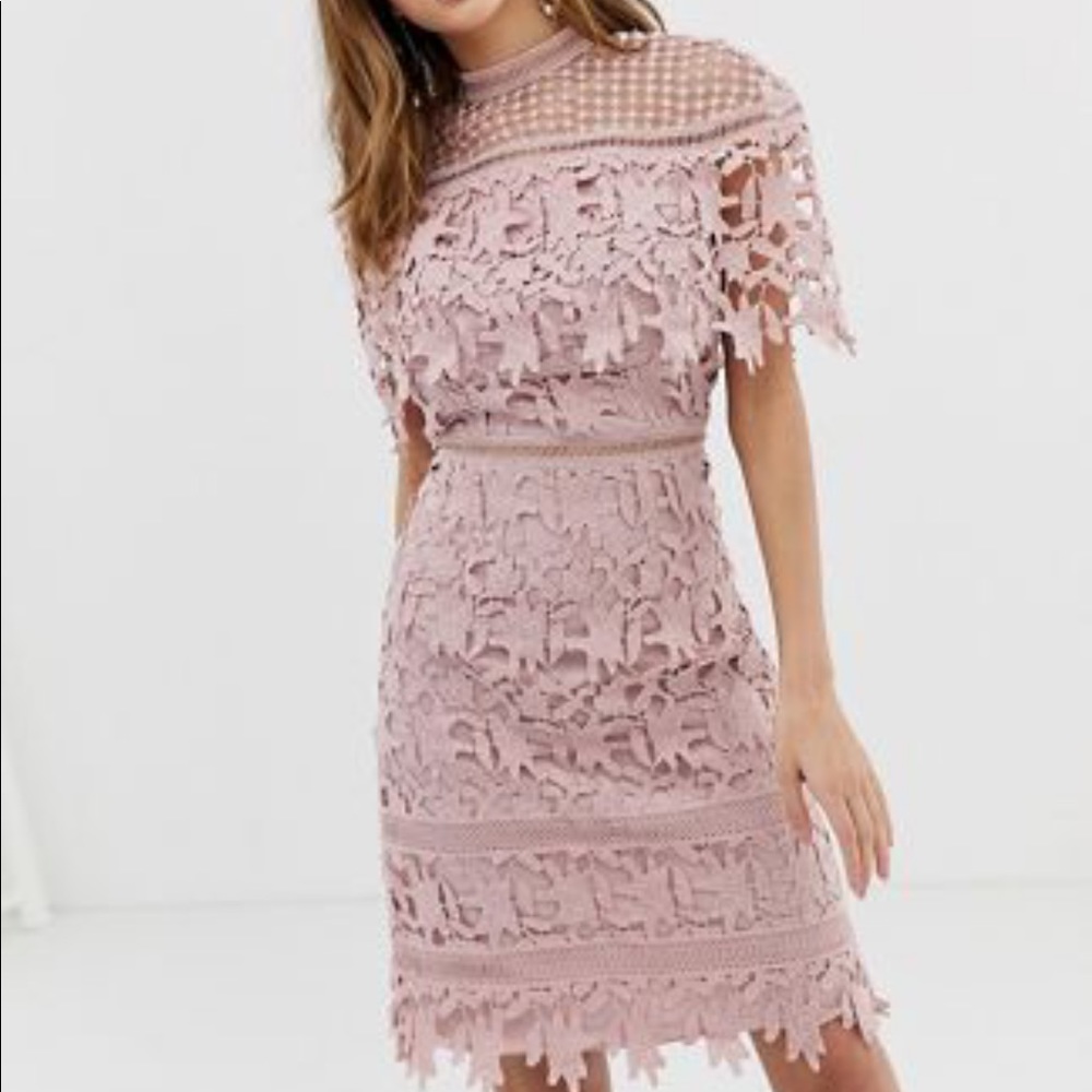 Chi chi London high neck lace blush midi dress from ASOS